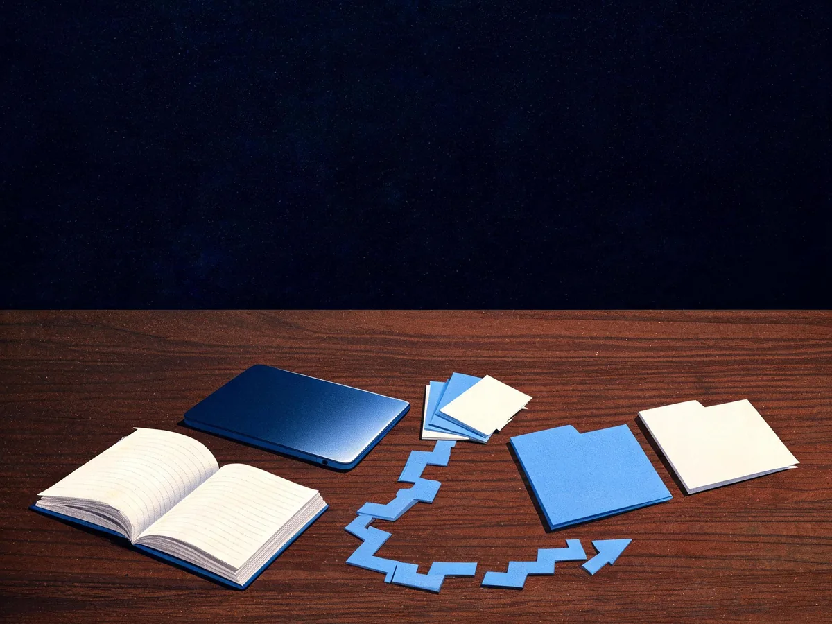 Cited — an open notebook beside a laptop-shaped closed case, redirect cards, hyphenated path strips, and separate product and guide folders on a wooden desk