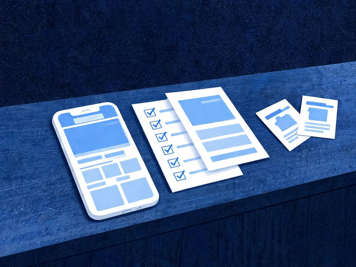 Cited — a phone beside an ecommerce product page checklist, canonical-page notes, and product data cards on a shop counter