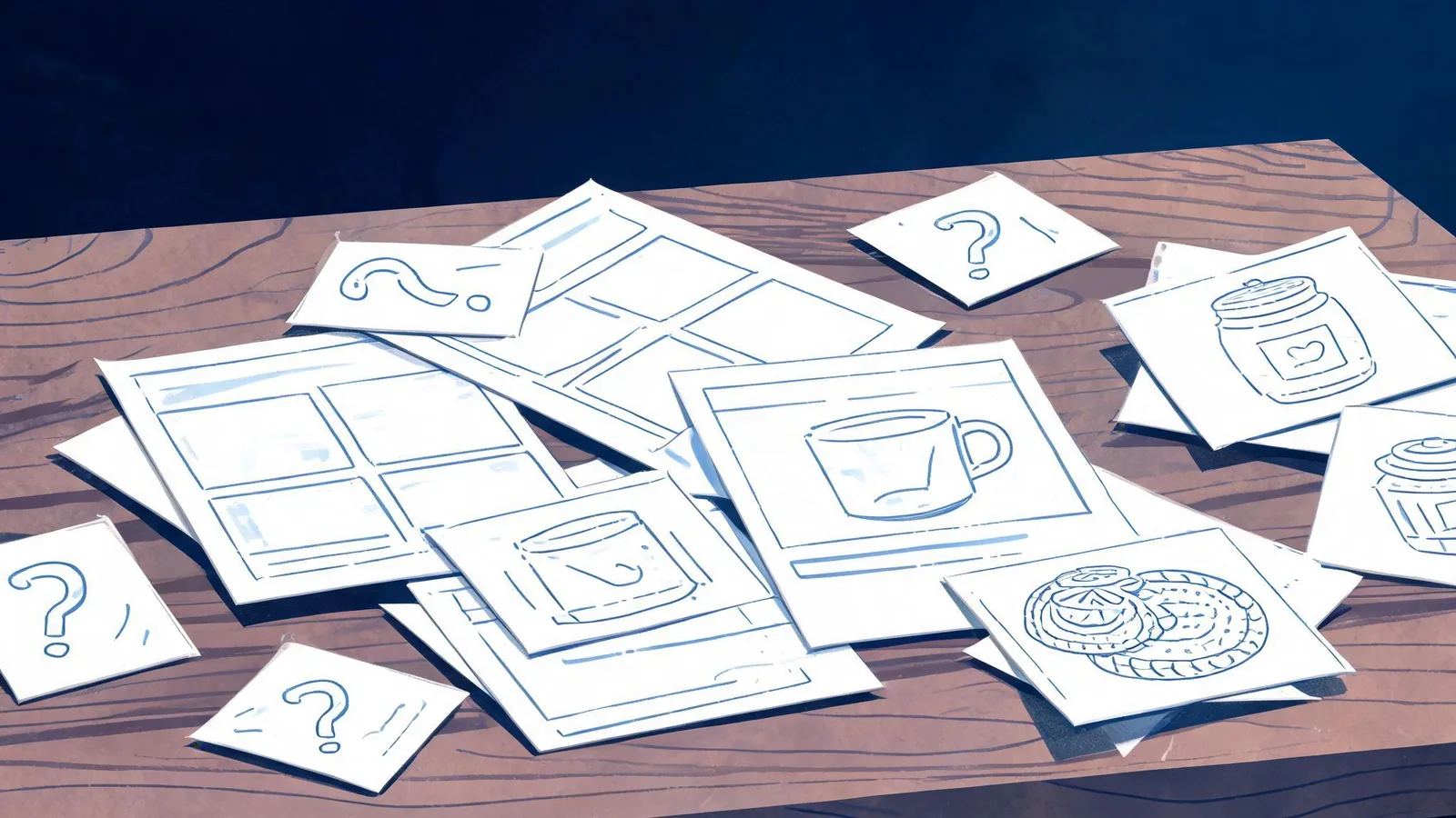 Cited — a small merchant's product category planning cards, product photographs, and handwritten buying questions on a wooden worktable