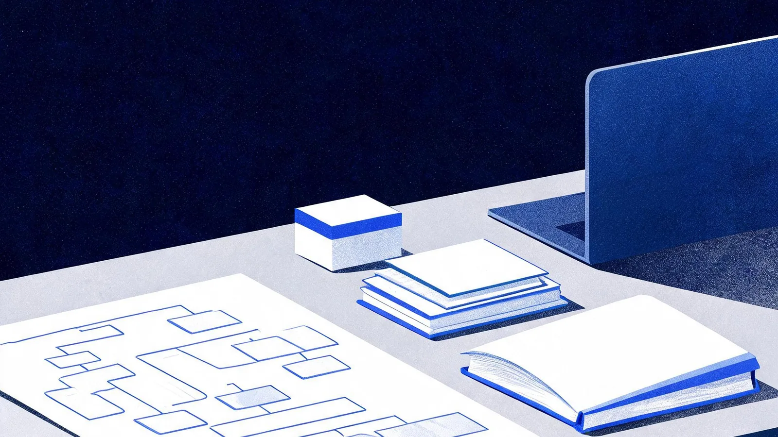 Cited — a tidy worktable with a paper ecommerce site map, category cards, product packaging, and a notebook beside a laptop turned away from view