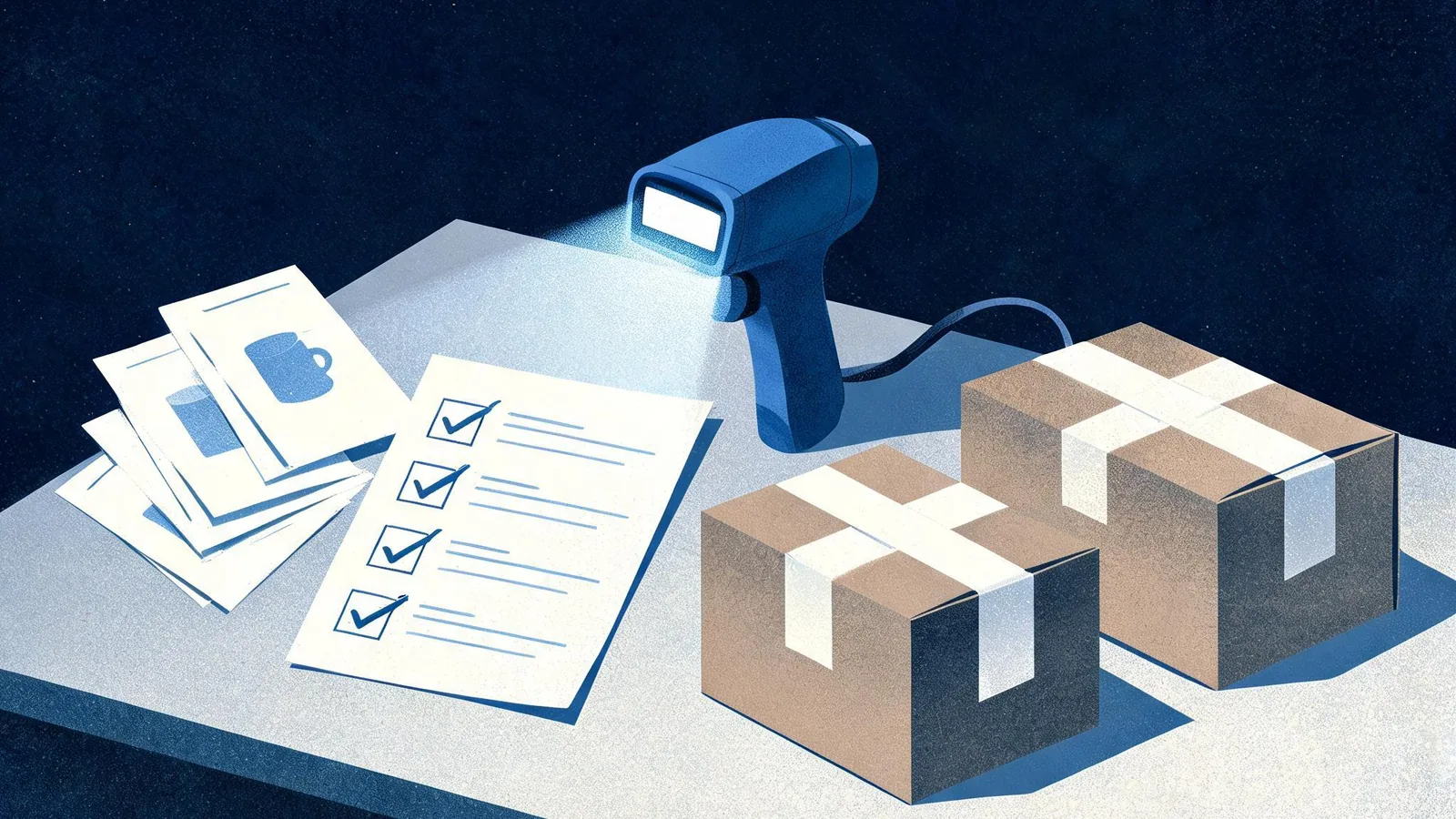 Cited — a small ecommerce packing desk with product cards, a barcode scanner, shipping parcels, and a handwritten markup checklist
