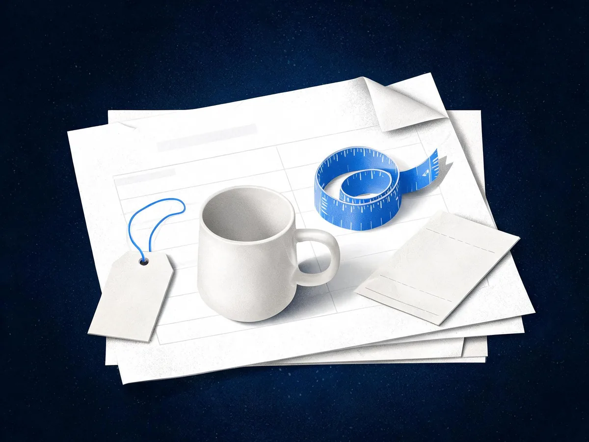 Cited — a product photography setup with a ceramic item, measuring tape, price tag, inventory card, and laptop-free paper audit sheet