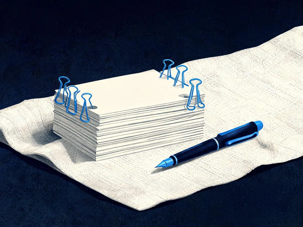 Cited — a stack of sorted index cards with neat color-coded paper clips beside a fountain pen on a linen table runner