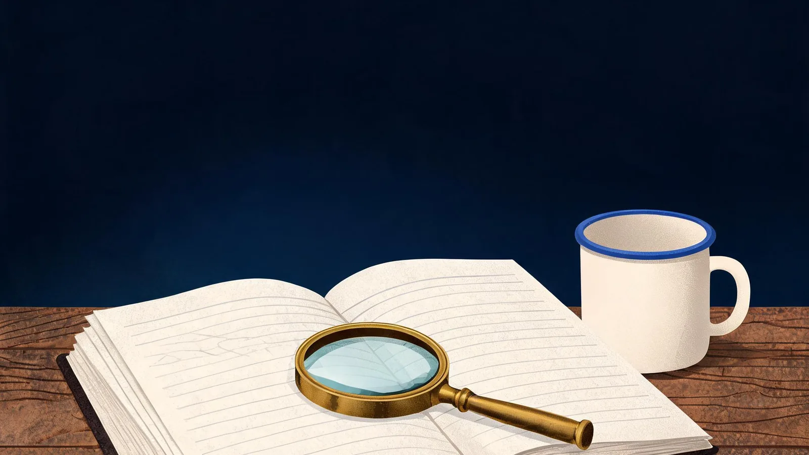Cited — a vintage brass magnifying glass resting on an open paper ledger beside a ceramic mug on a weathered oak desk