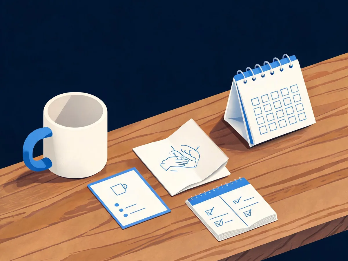 Cited — a product page review scene with a ceramic mug, specification card, care leaflet, comparison notes, and a calendar on a wooden table