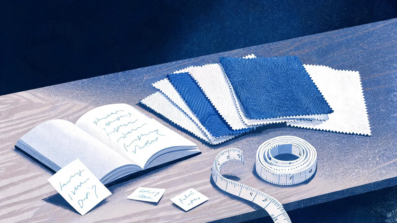Cited — a tidy independent shop desk with a product notebook, fabric swatches, measuring tape, and handwritten customer questions