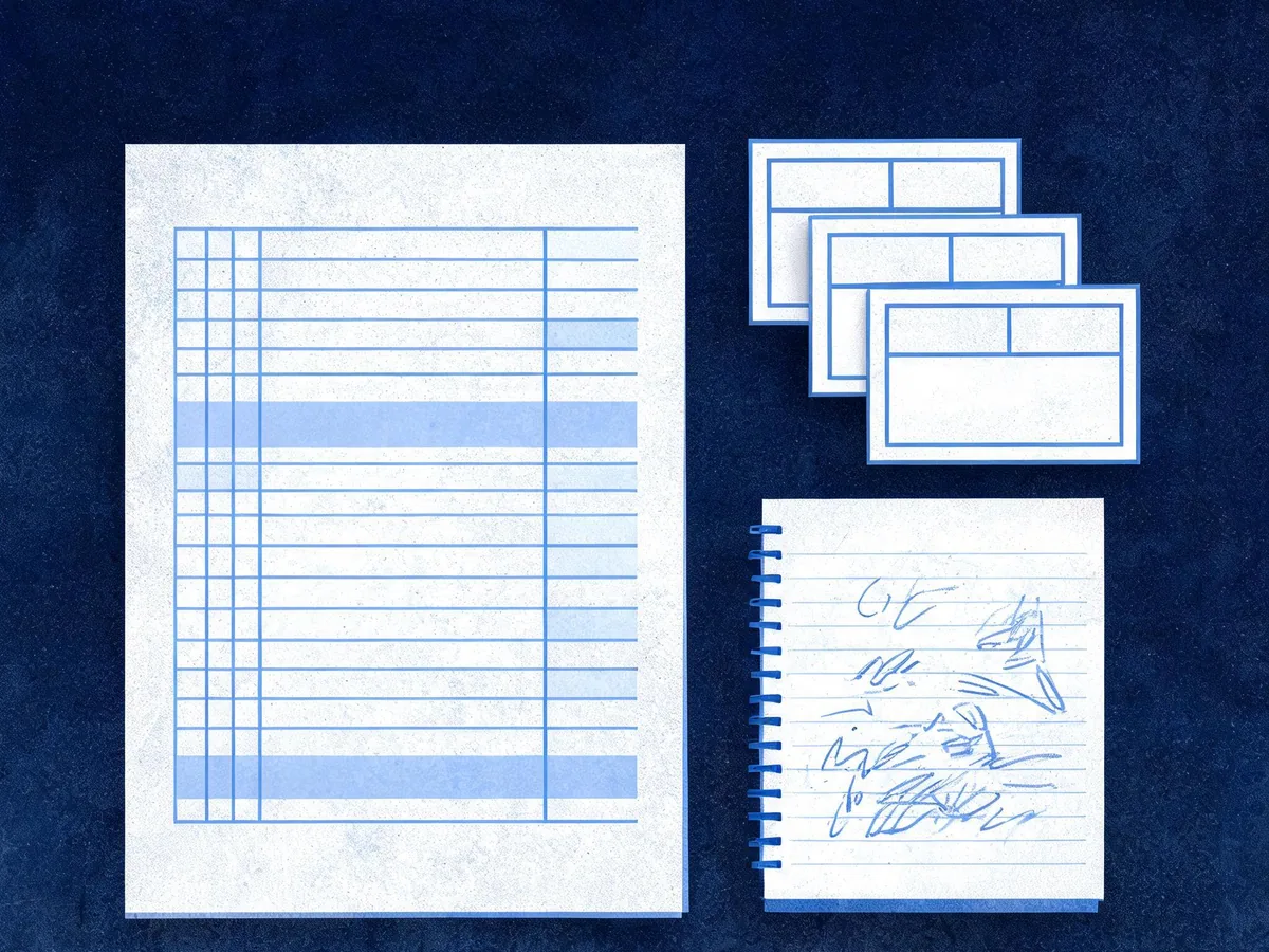 Cited — a split worktable with a product data feed sheet, structured attribute cards, and a handwritten prompt-testing log