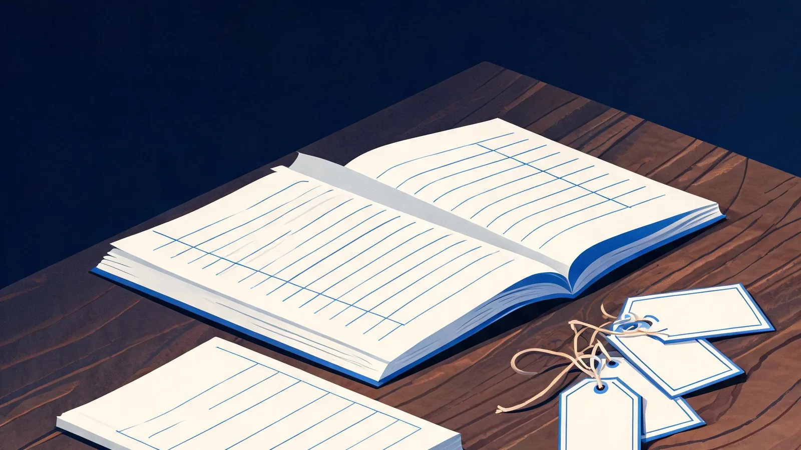 Cited — a small merchant's product page notes, product tags, and a tidy inventory ledger on a wooden worktable