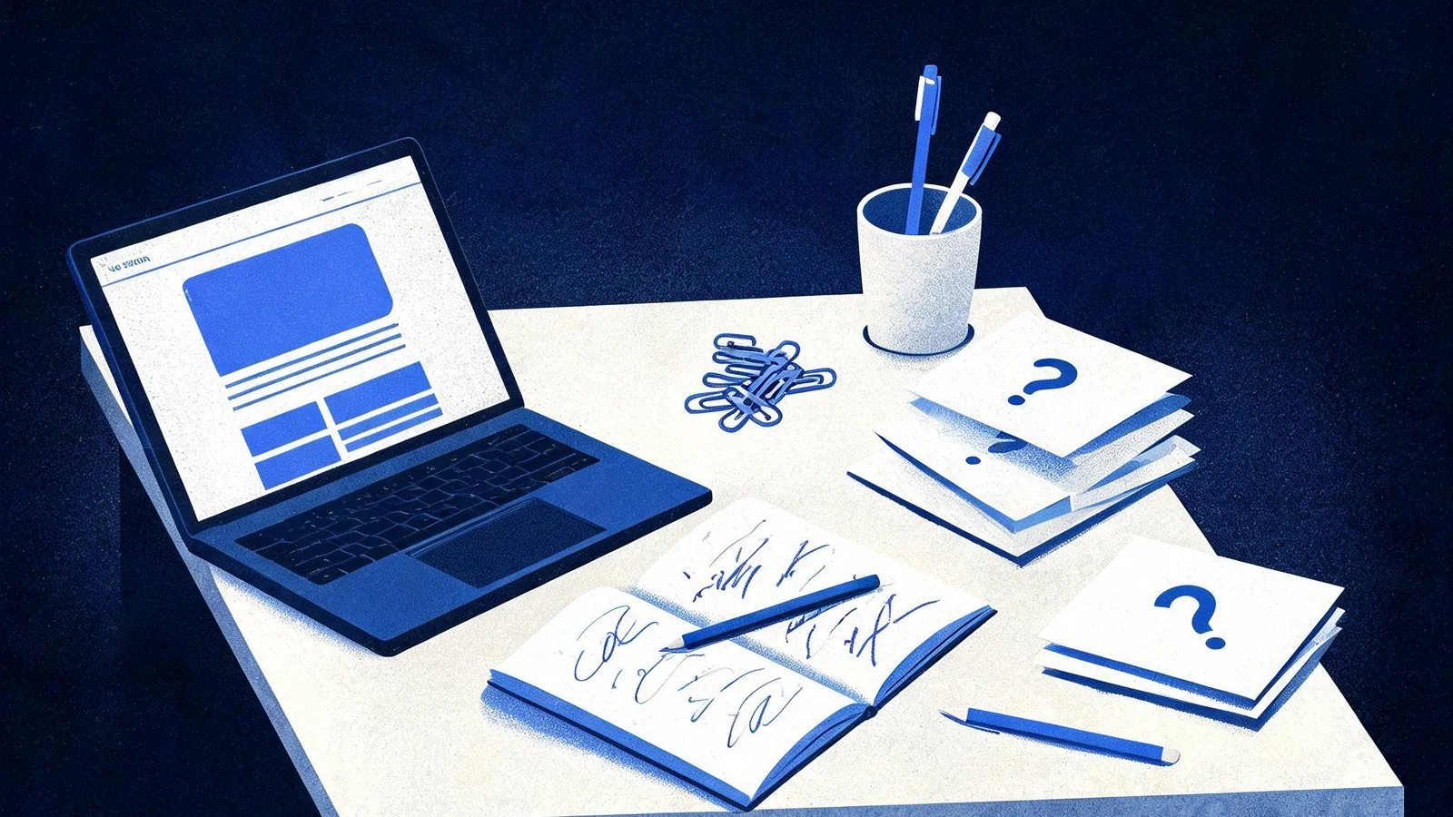 Cited — a tidy merchant worktable with a product page draft, customer question cards, a notebook of query observations, and neutral stationery
