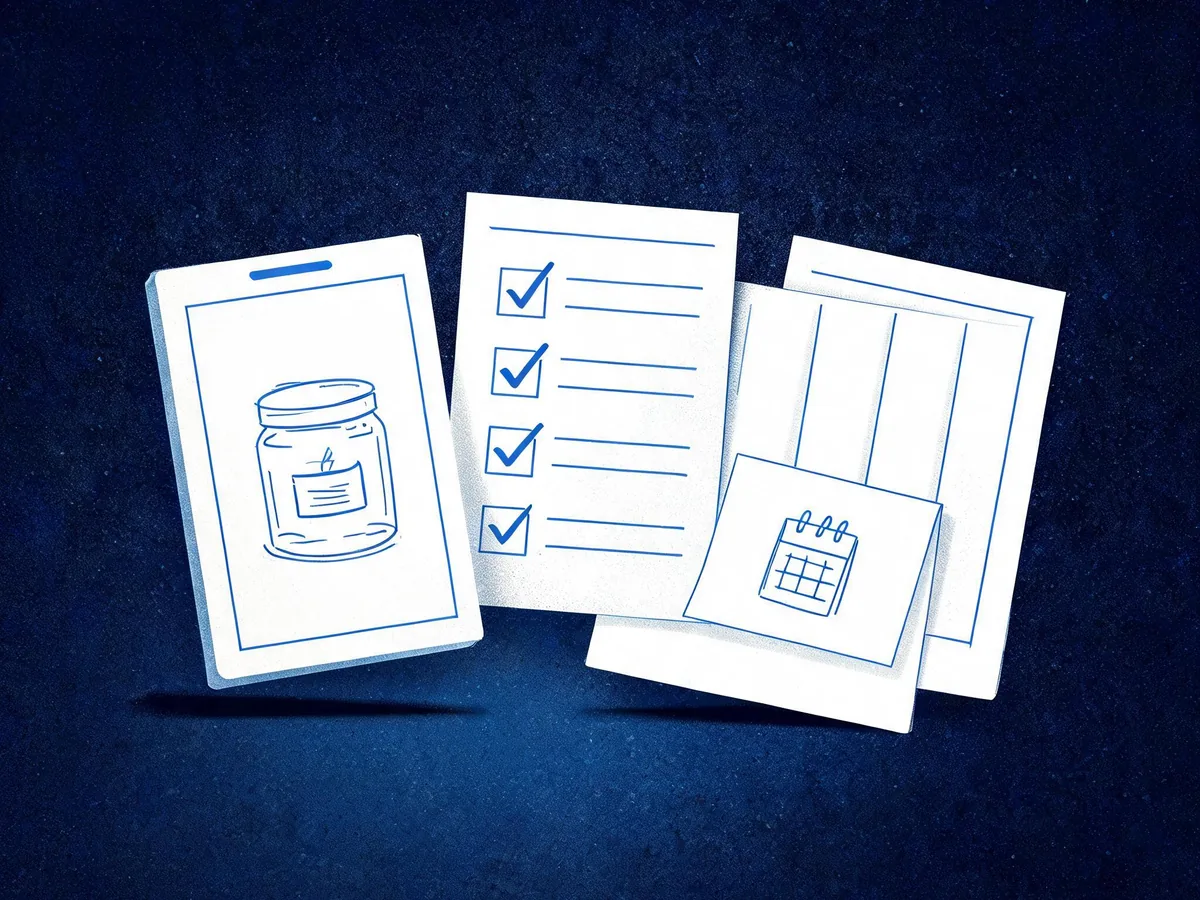 Cited — a split tabletop scene with a shop product card, access checklist, competitor comparison sheets, and dated test notes
