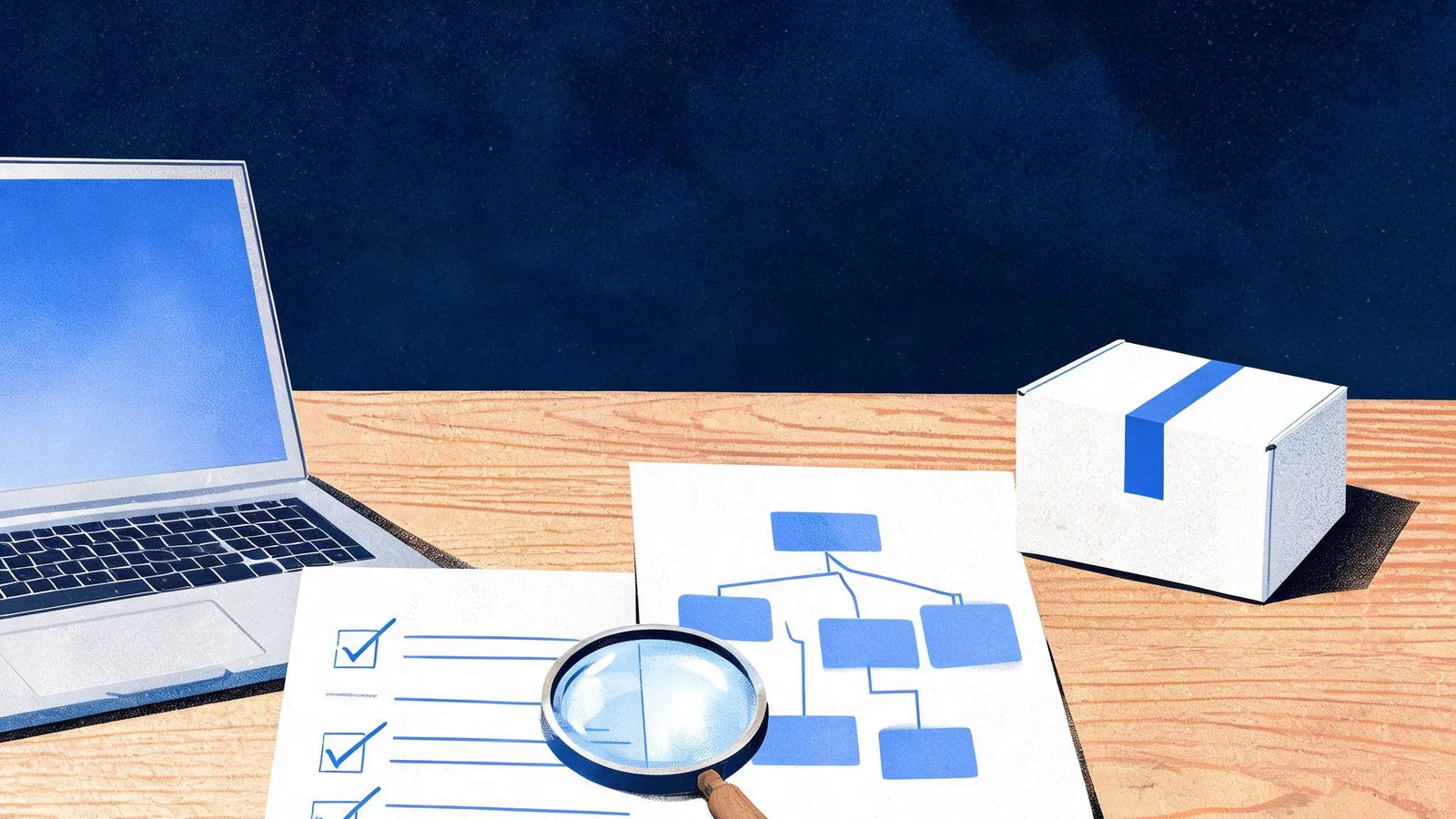Cited — a small shop desk with a laptop, paper URL checklist, sitemap printout, and product packaging beside a magnifying glass