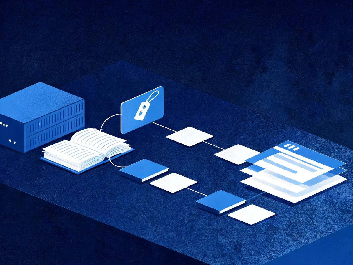 Cited — a layered technical flow of pathway cards, server box, index ledger, canonical tag card, and search result tiles on a workshop table