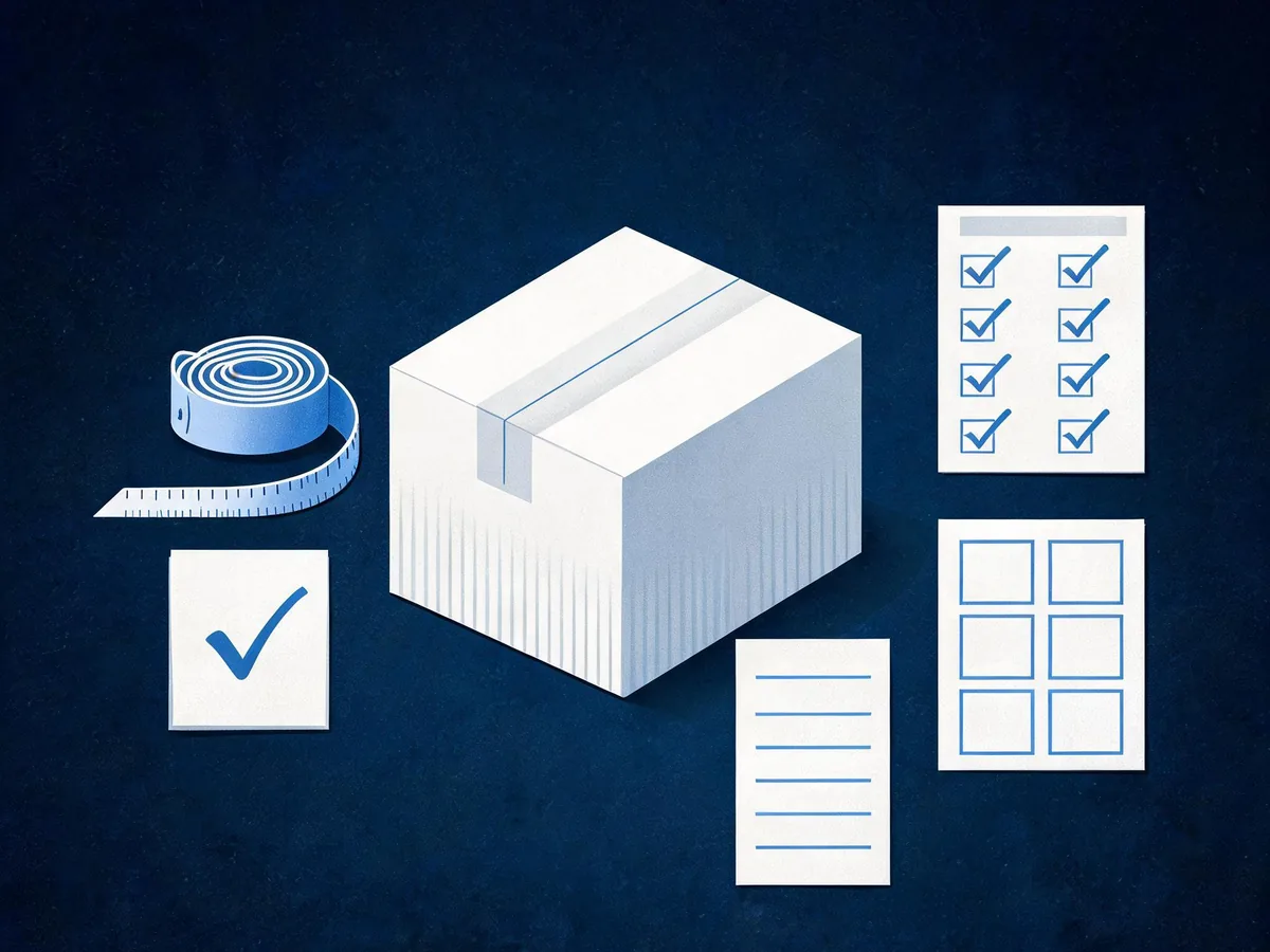 Cited — a neatly arranged product page audit kit with a measuring tape, care card, ingredient list, structured data notes, and a comparison checklist beside a shipping box